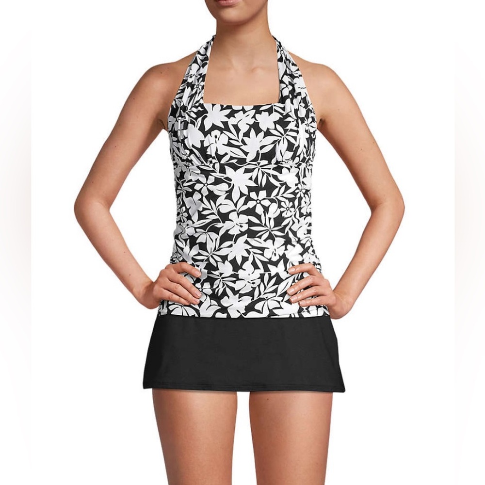 Land's End Women's Square Neck Halter Tankini Top in Black Havana Floral Sz 14
